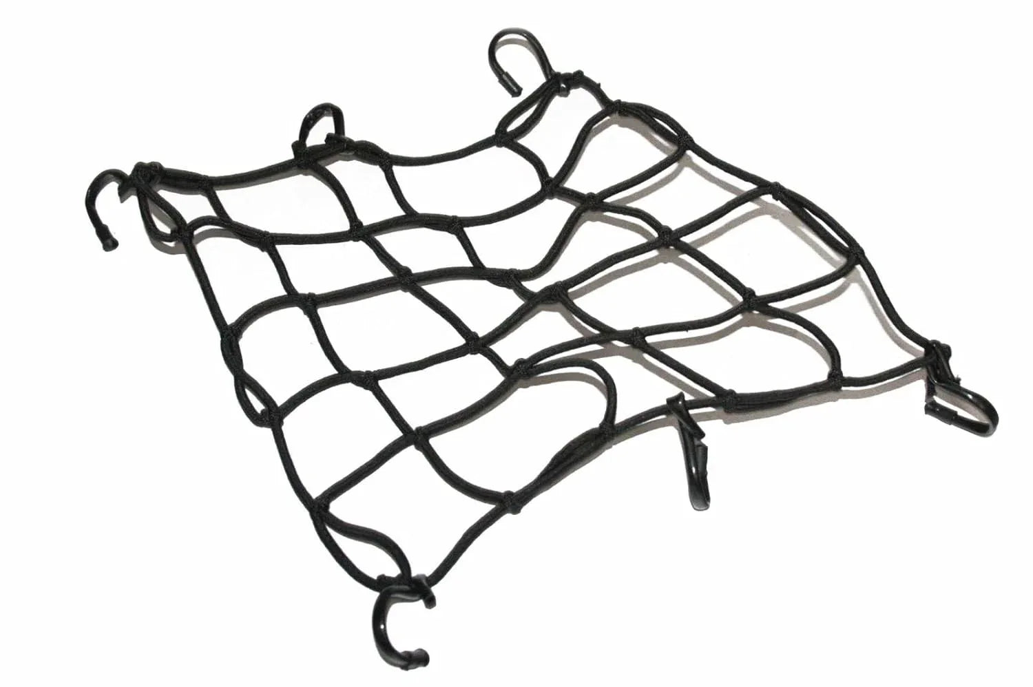 Black mesh folding luggage holder with six hooks for secure helmet storage