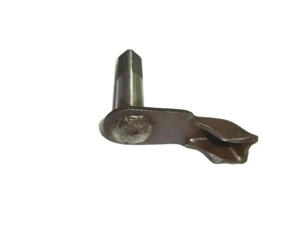 Royal Enfield foot control lever shaft with curved mounting arm, dark metal.