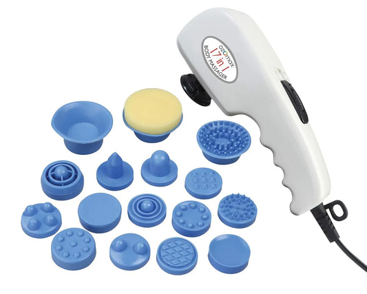 White handheld massage apparatus with multiple blue suction and brush attachments