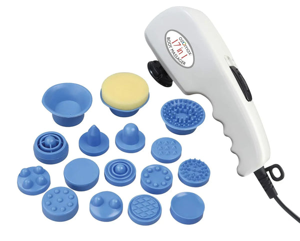 White handheld massage apparatus with multiple blue suction and brush attachments