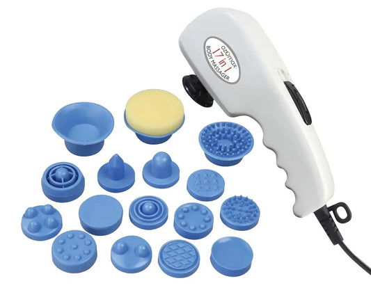 White handheld massage apparatus with multiple blue suction and brush attachments
