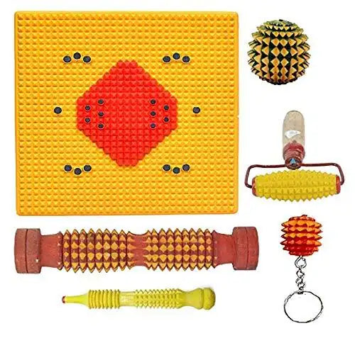 Acupressure mat and foot massager kit with yellow spikes, roller and ball