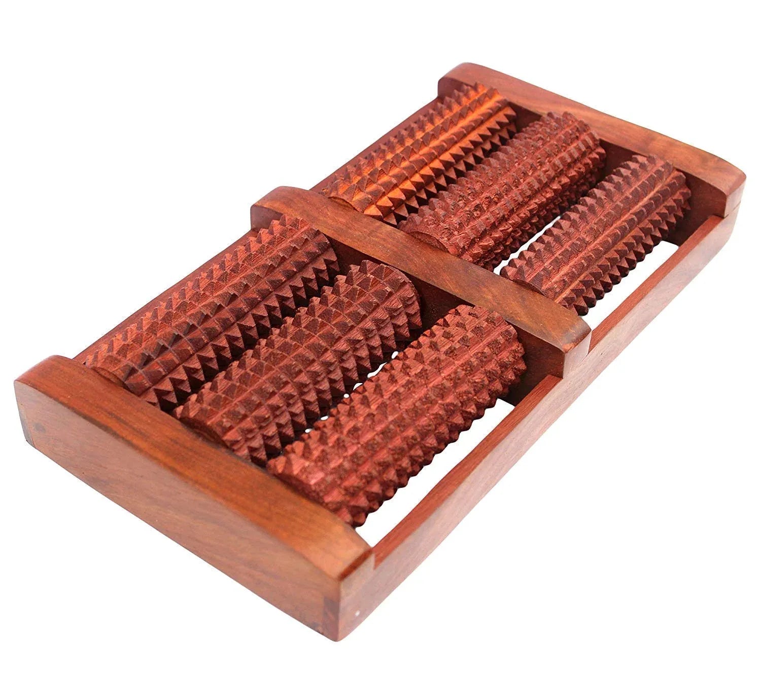 Wooden foot roller massager with 6 spiked wheels, brown wood base and red textured rollers