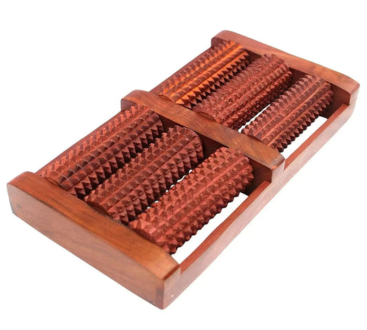 Wooden foot roller massager with 6 spiked wheels, brown wood base and red textured rollers