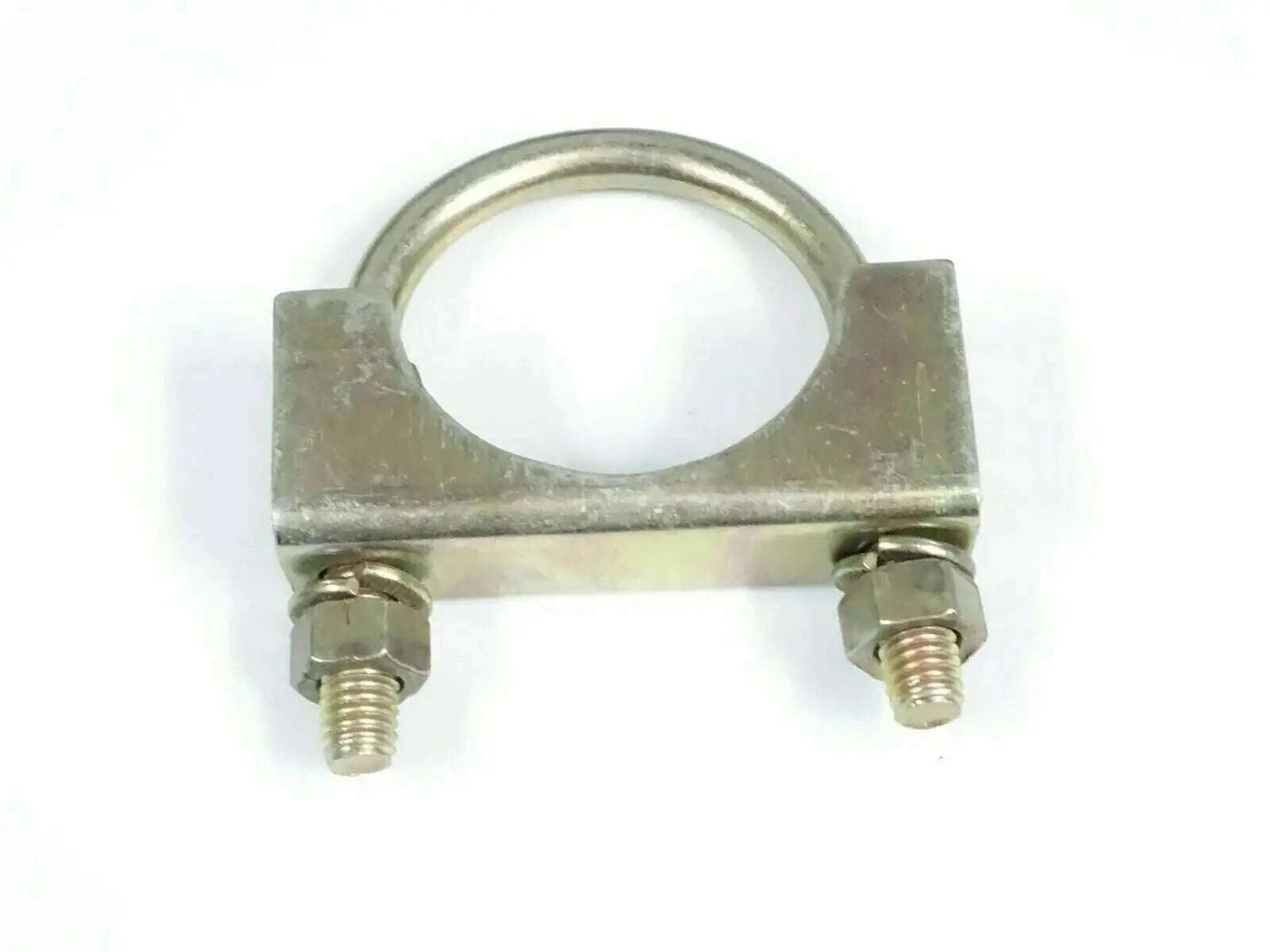 Exhaust silencer clamp with U-bolt and threaded screws, metallic finish