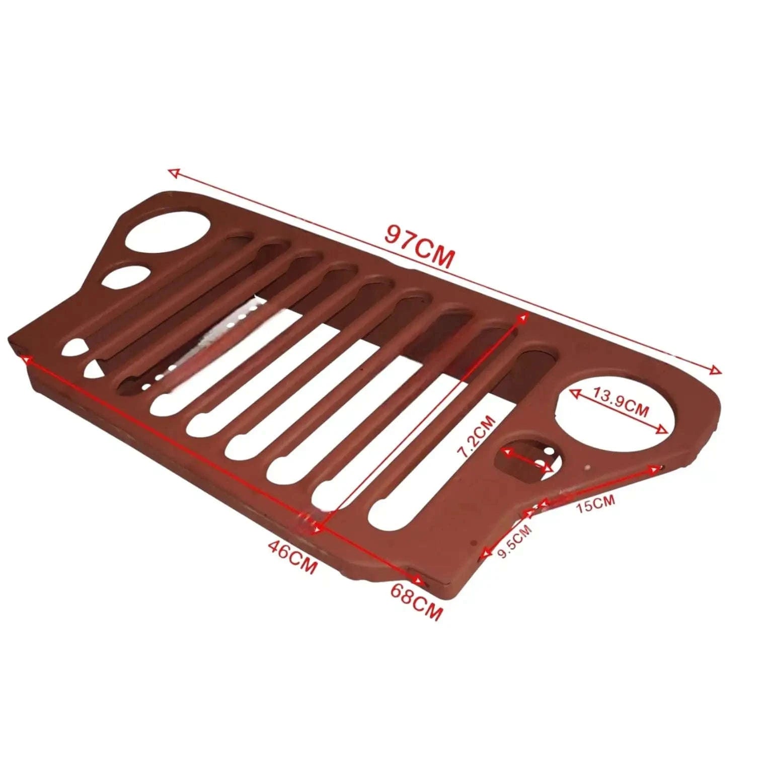 Primer-coated steel radiator grille panel, brown with slotted openings and side mounts