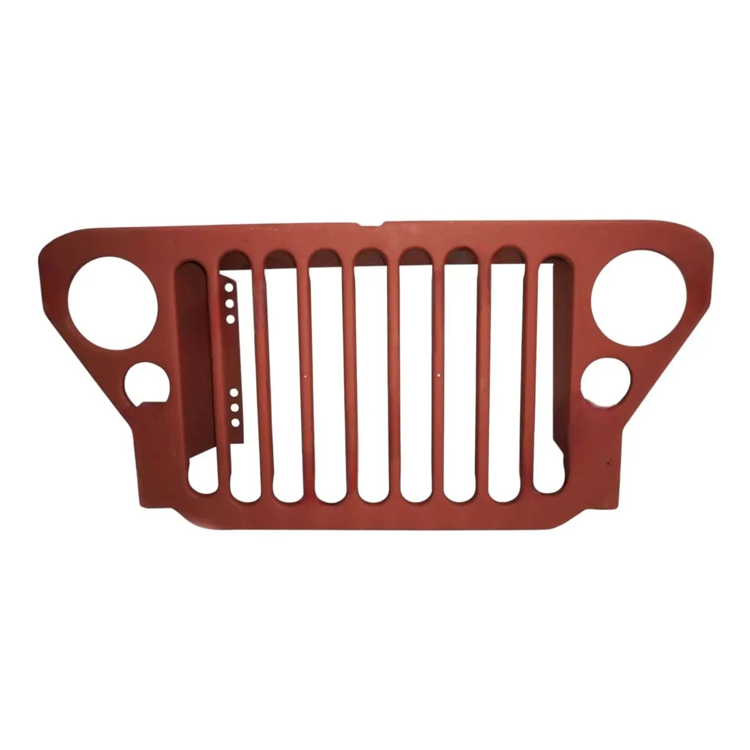 Primer-coated steel radiator grille, brown with vertical bars and circular mounting cutouts