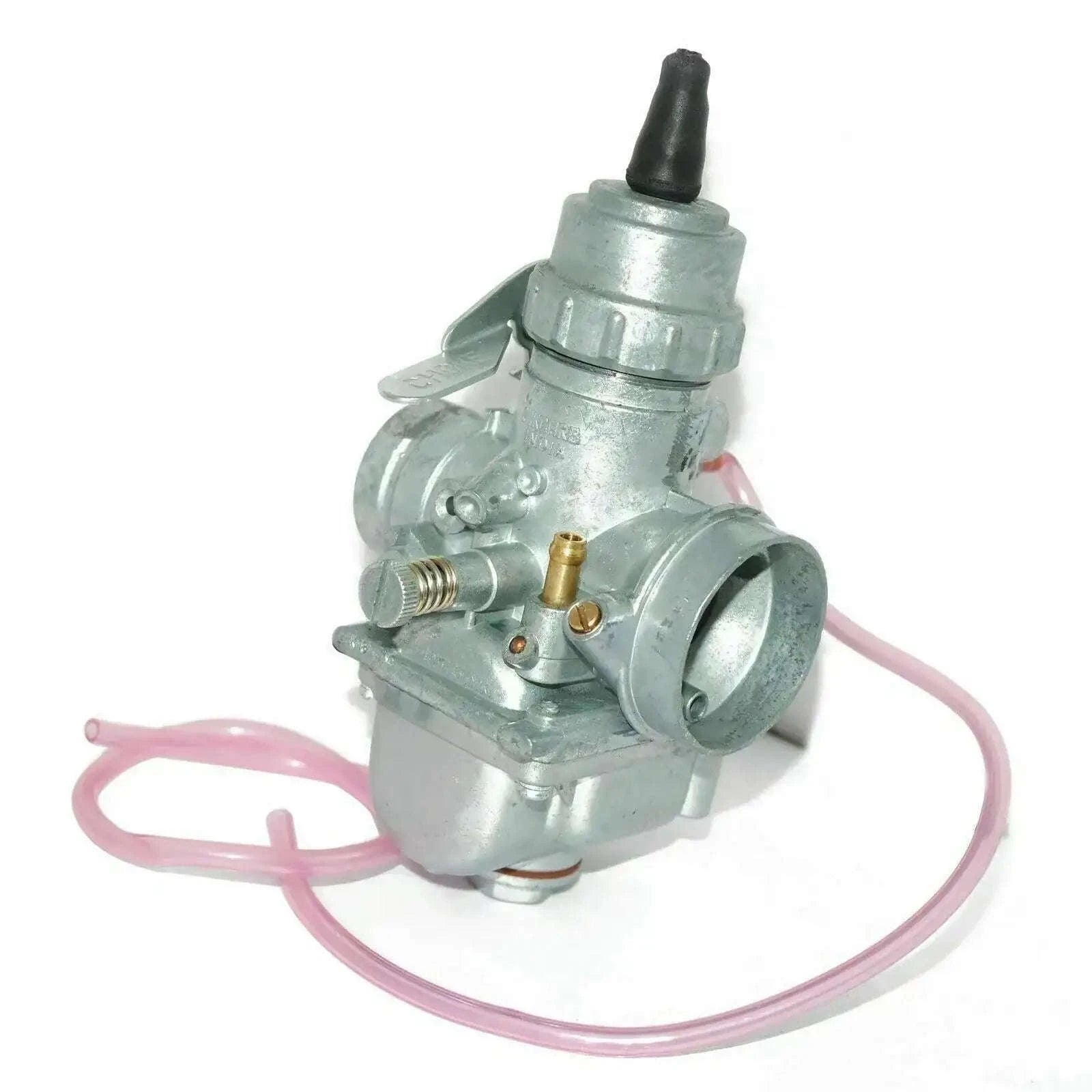 Carburettor assembly with black choke cap and pink fuel hoses, silver metal body