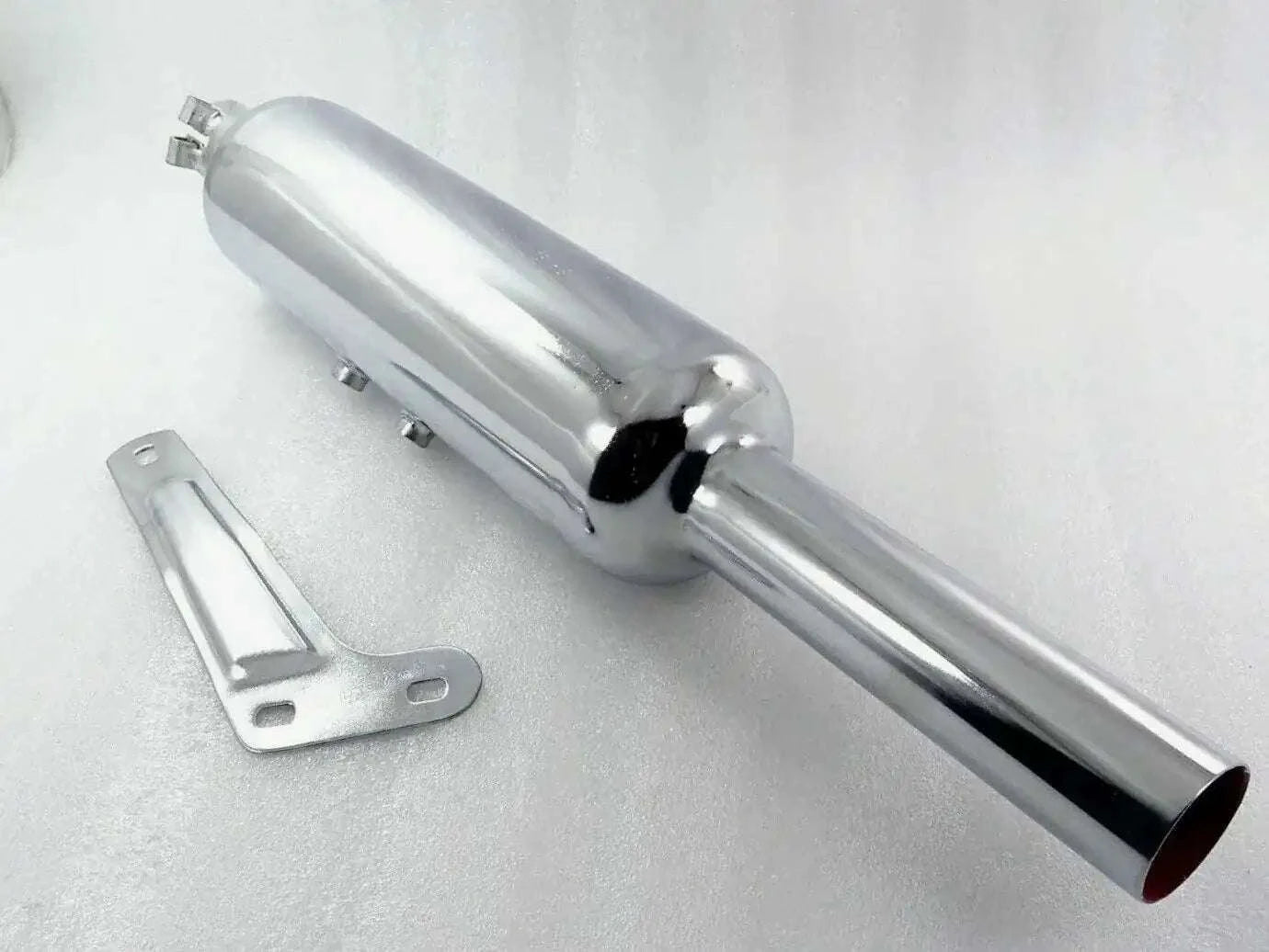 Stainless steel short exhaust silencer with mounting bracket, round outlet tip