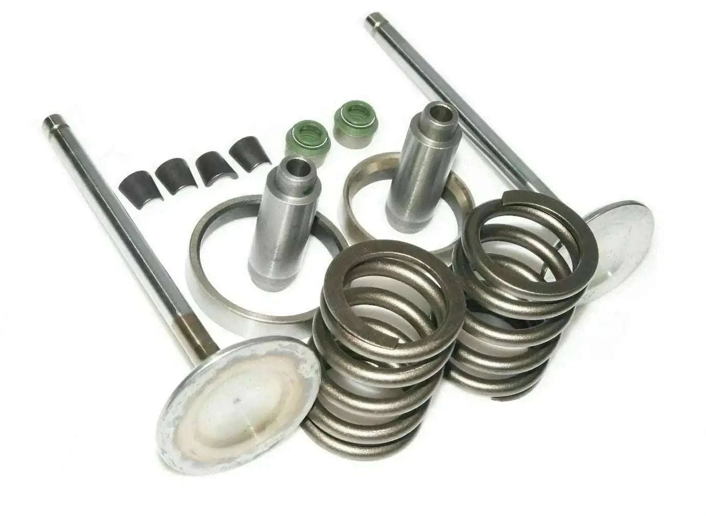 Motorcycle valve repair kit with metal valve springs, rods, and seals
