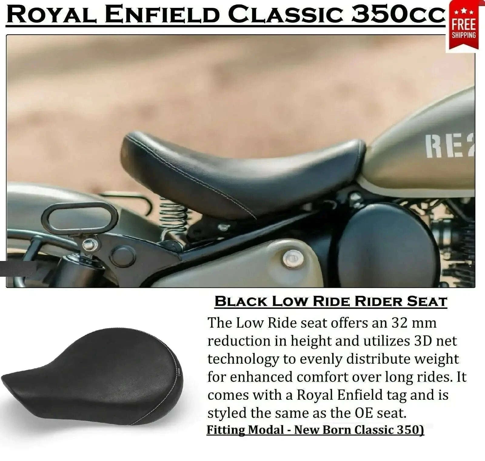 Black low rider motorcycle seat with stitched top and low-profile shape