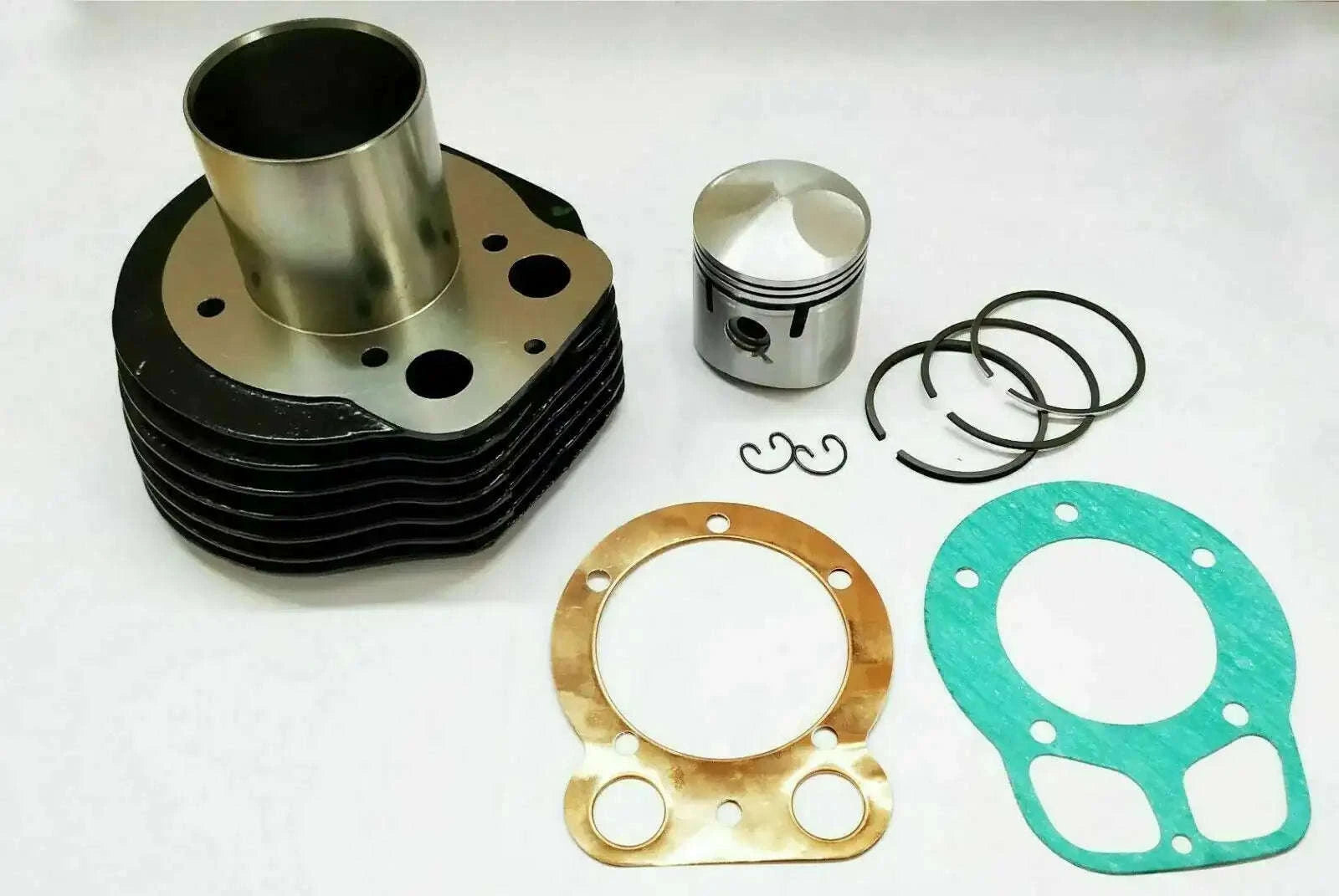 Royal Enfield cylinder barrel and piston kit, includes gaskets and rings for engine repair.
