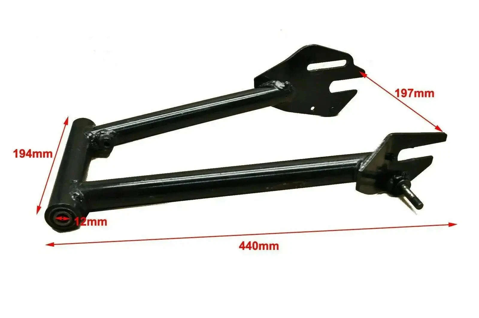 Black rear swing arm assembly for motorcycle frame with side brackets and mounting points