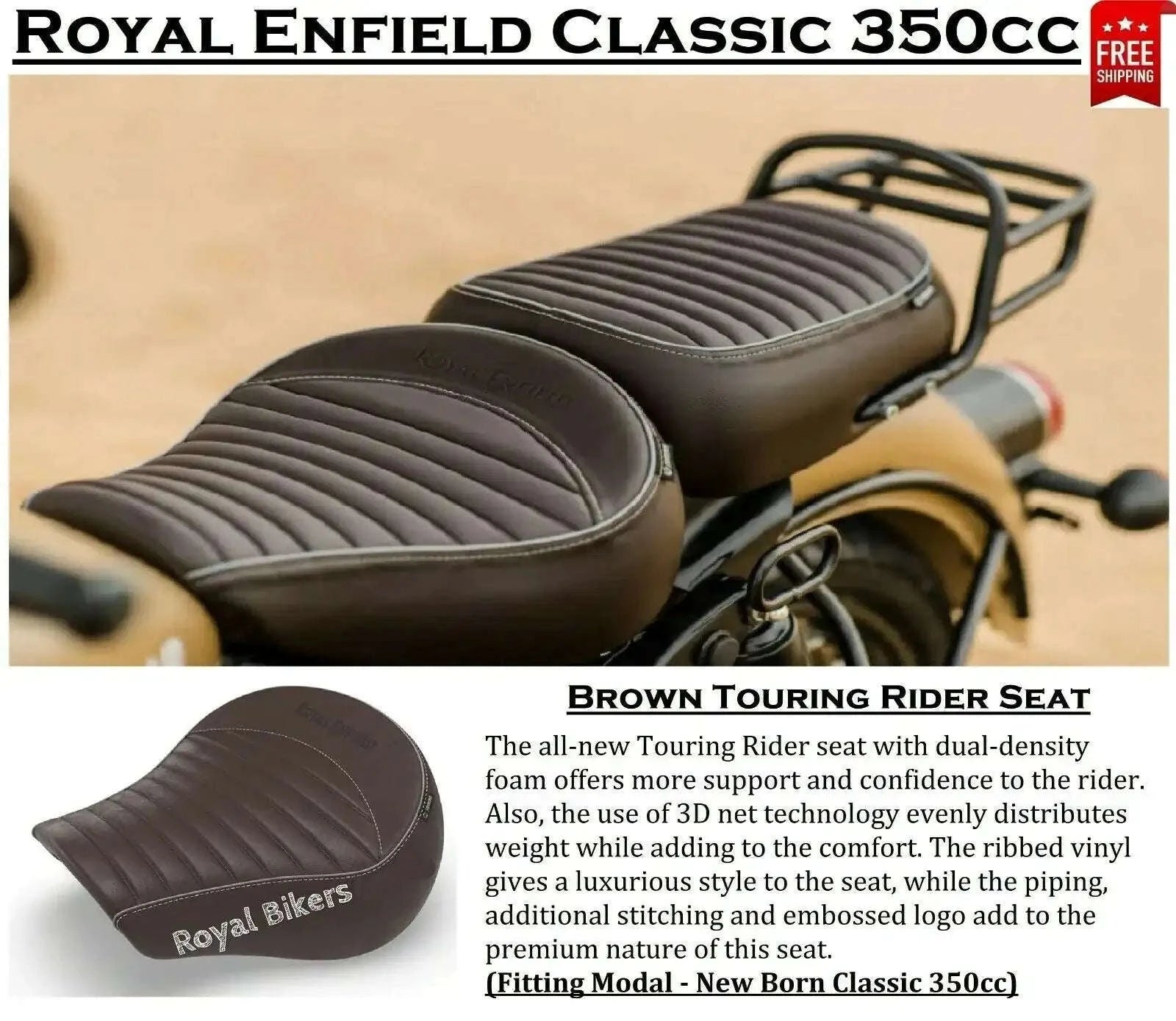 Brown touring rider seat with ribbed cushions and rear passenger backrest
