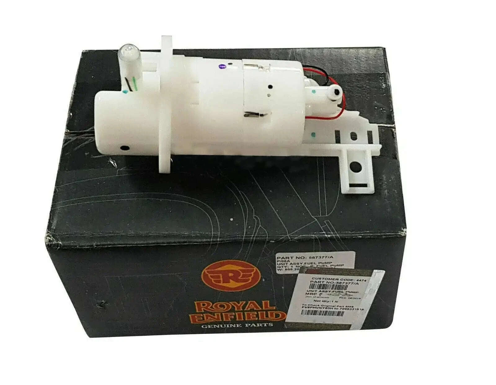 EFI fuel pump assembly with white plastic module and electrical connector on housing