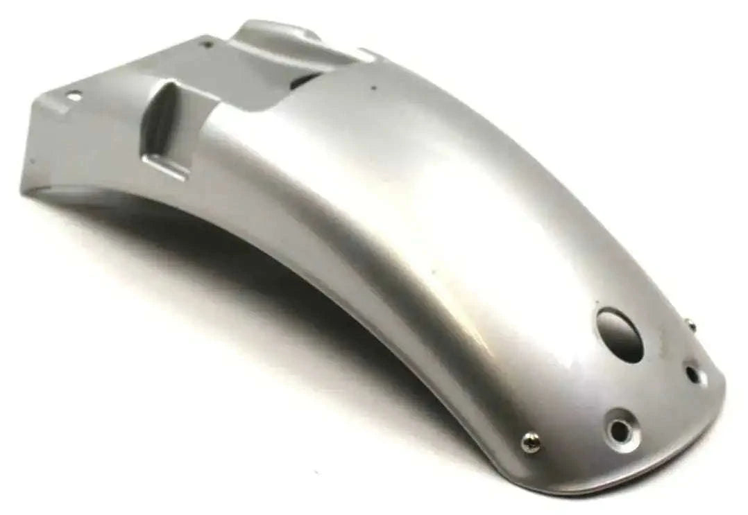 Metallic silver rear wheel fender mud guard with curved lip and mounting holes