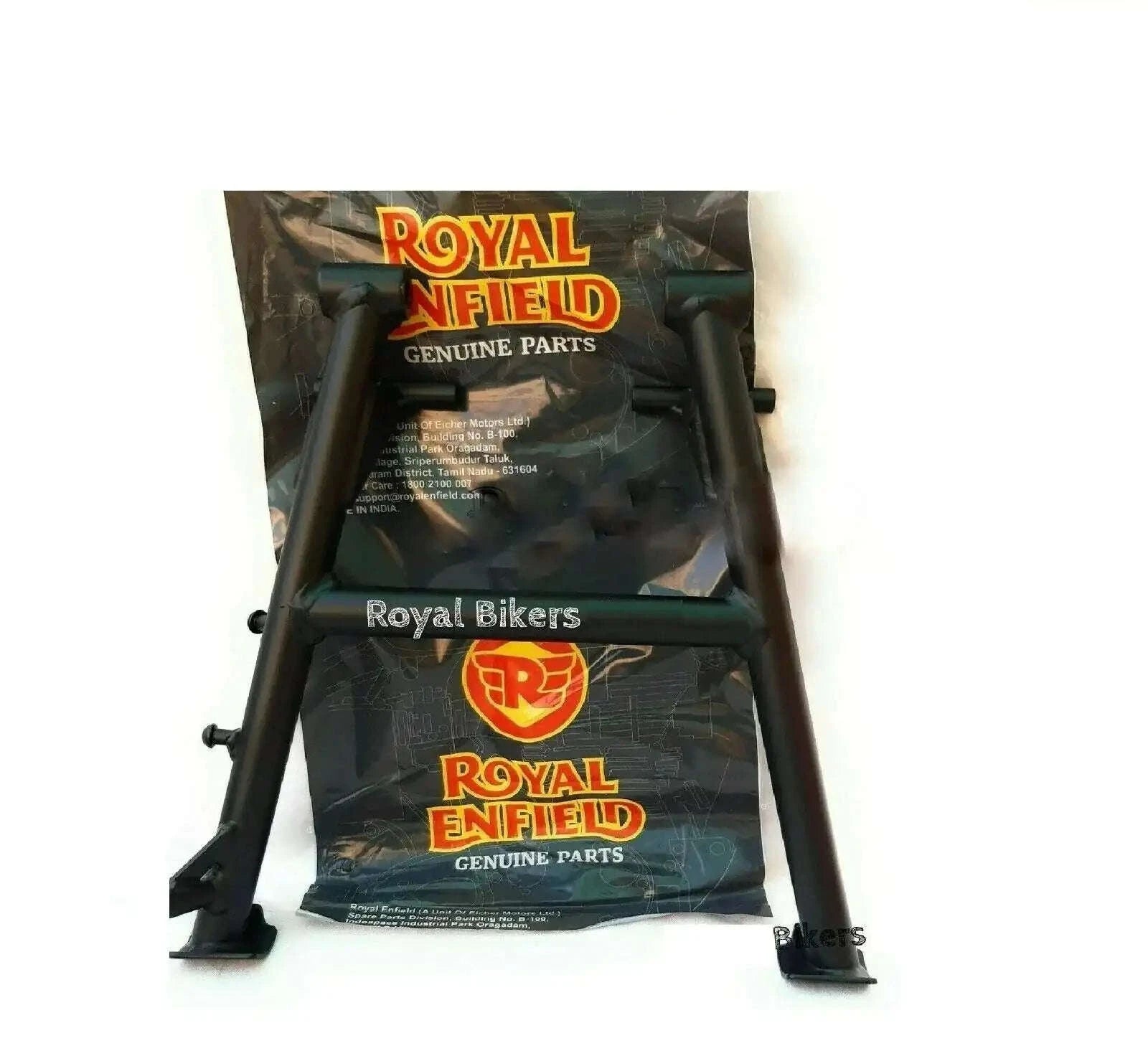Black motorcycle center stand with two support legs and center mounting bar