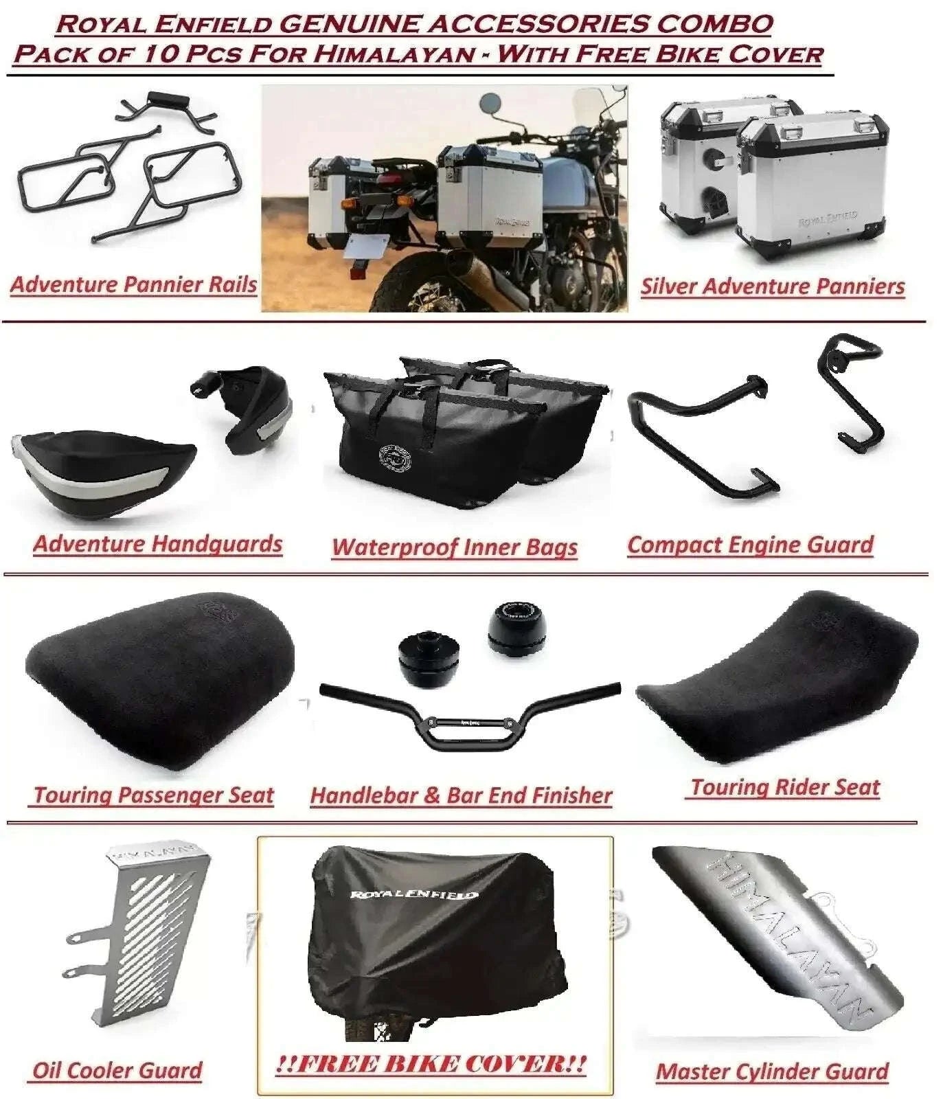 Royal Enfield Himalayan accessories combo pack of 10 with guards and bike cover.