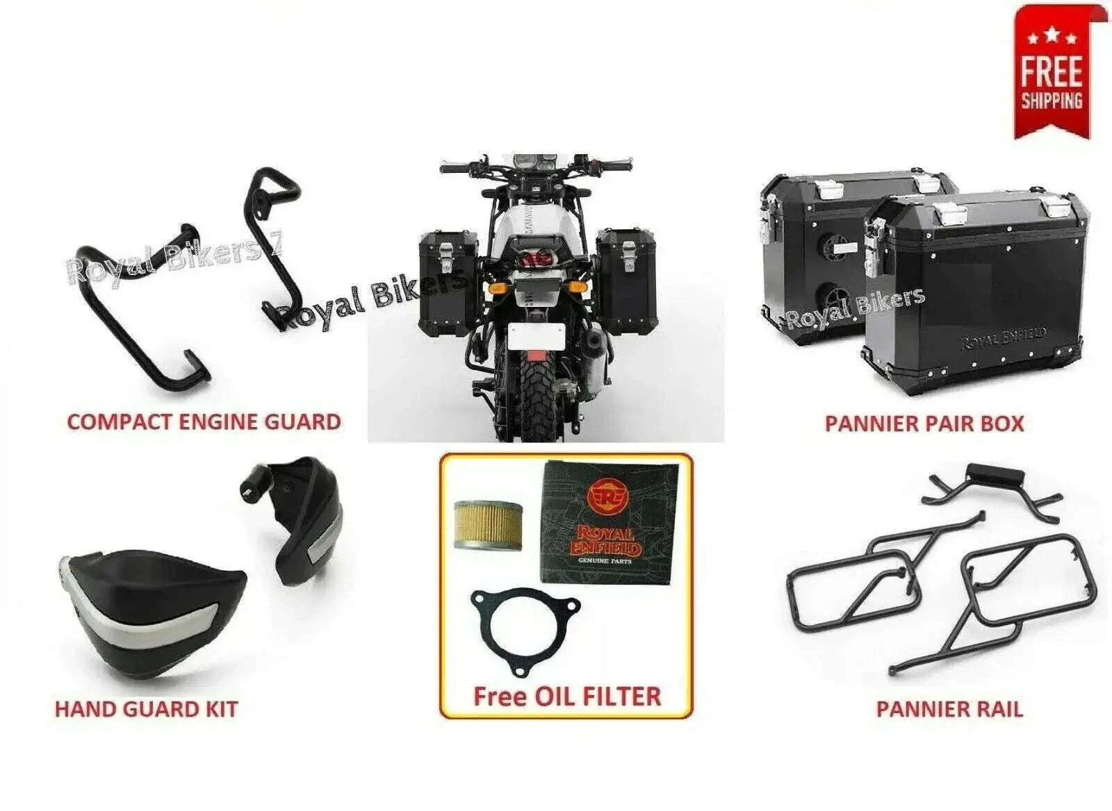 Motorcycle accessory set: engine guard, hand guards, pannier box, rails, oil filter.