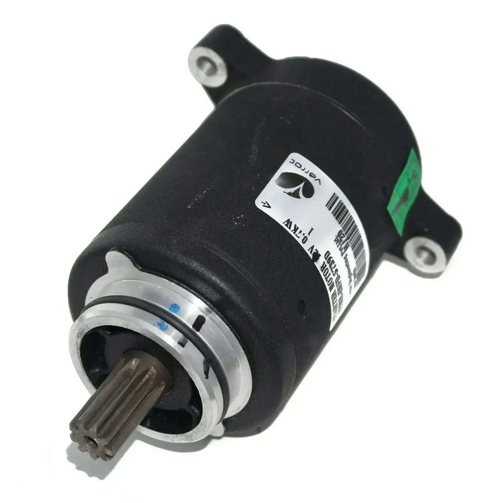 Electric starter motor assembly, black with mounting bracket and gear end, green label