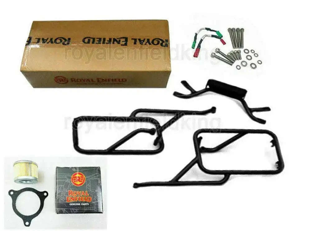 Black metal pannier rail kit with mounting brackets and hardware
