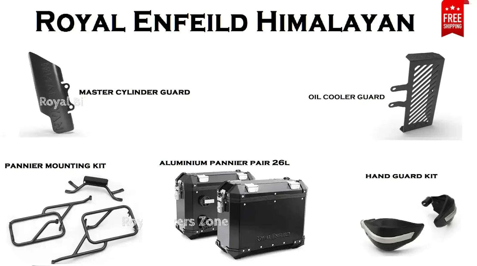 Royal Enfield Himalayan black pannier accessory set: mounting kit, hand guards, guards