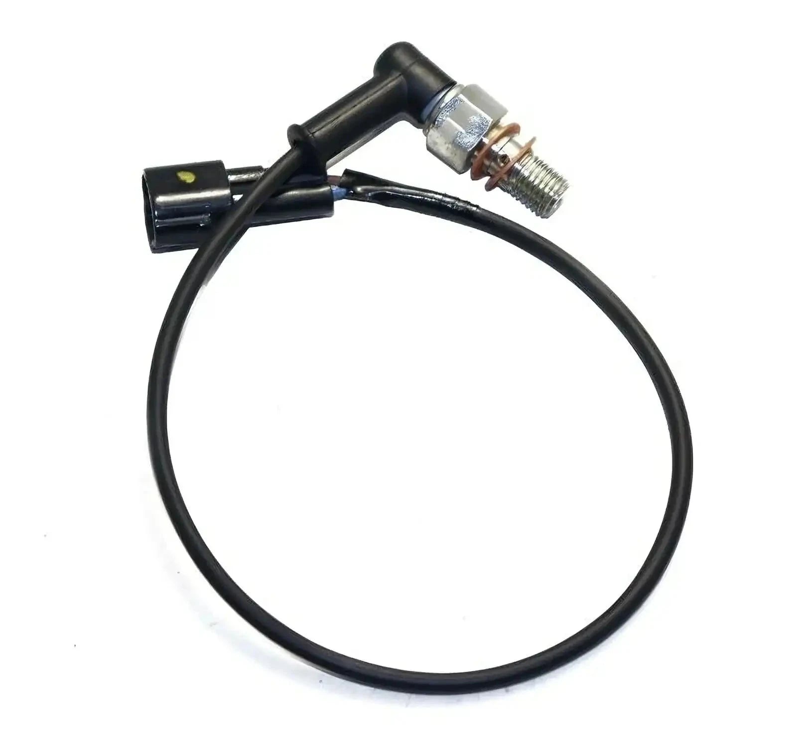 Rear brake switch with black wiring lead, plastic connector, and threaded terminal