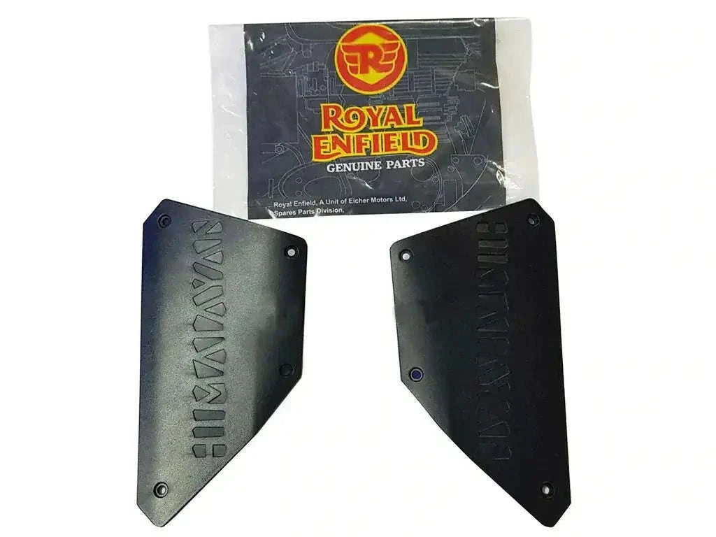 Motorcycle side panel pair with mounting holes, dark gray and black triangular covers