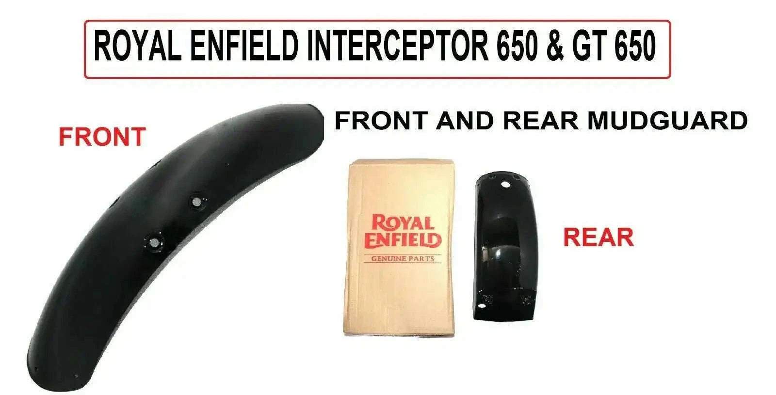 Front and rear motorcycle mudguards, black pair with mounting holes