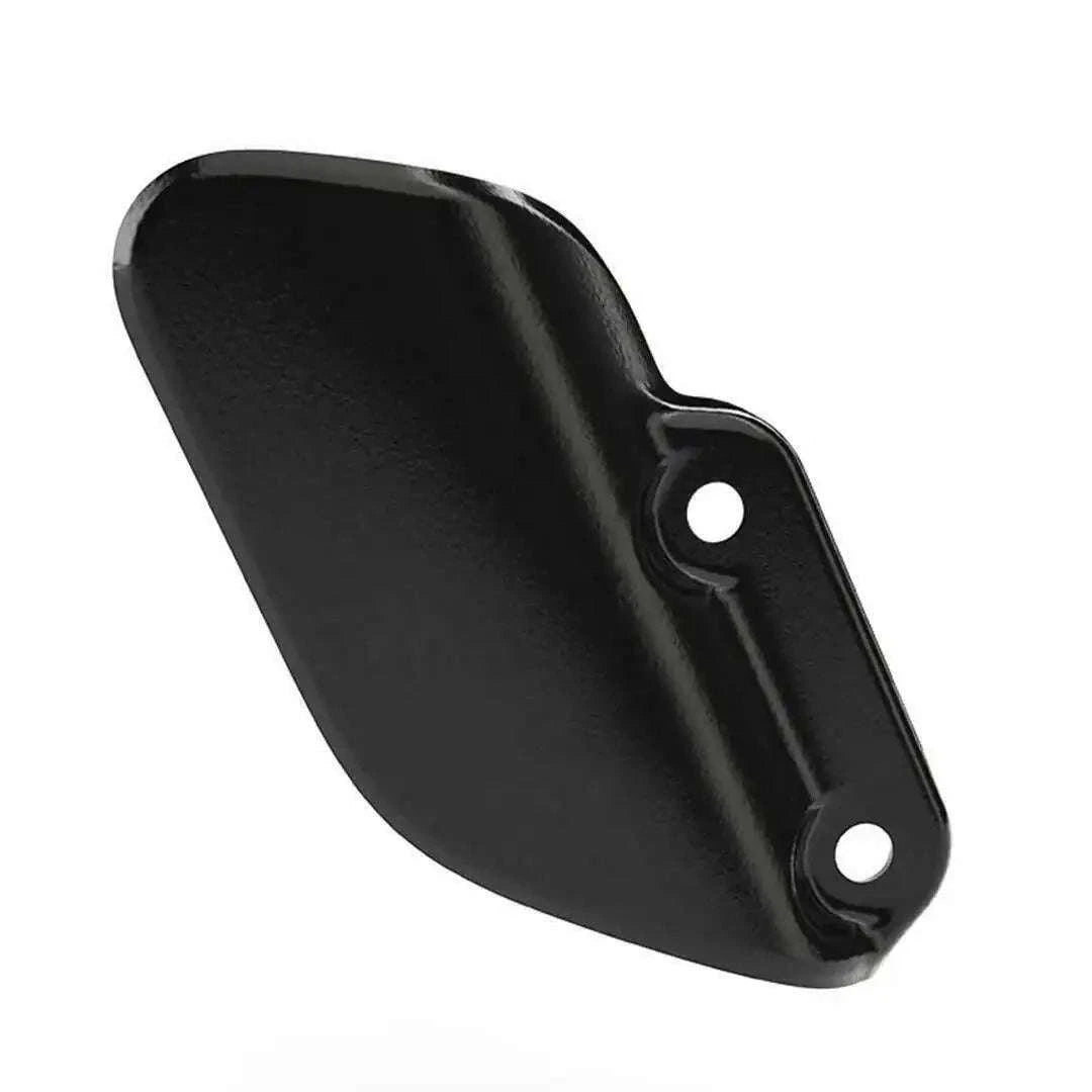 Black motorcycle heel guard with two mounting holes, curved metal piece