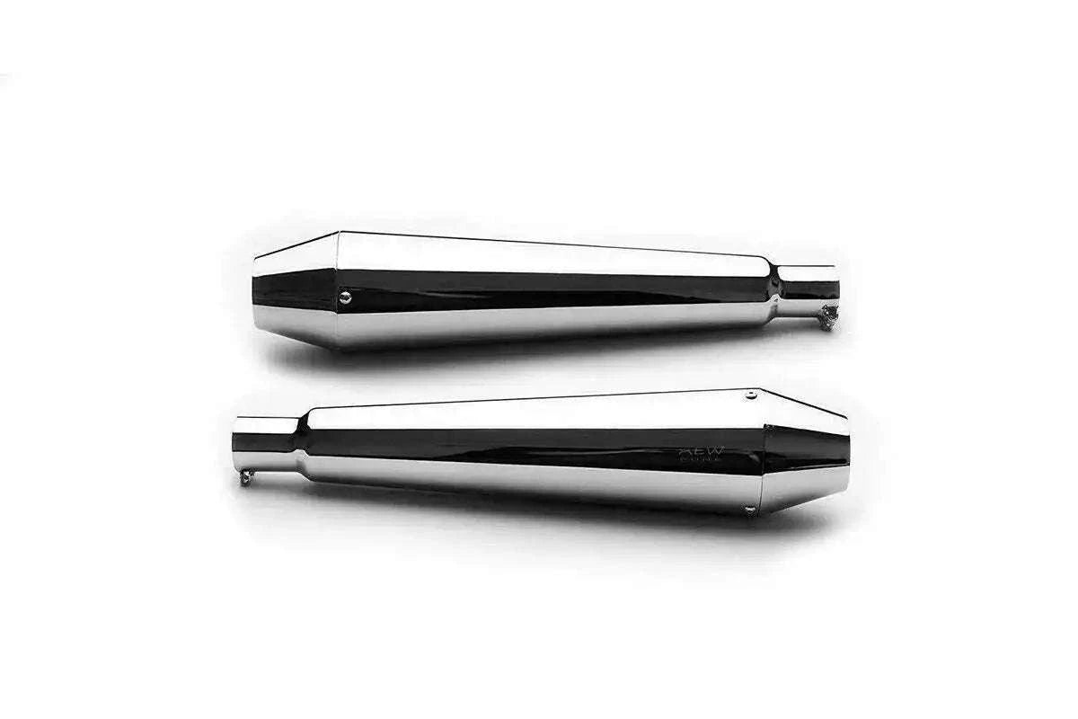 Stainless steel exhaust muffler silencer with black end cap, dual side view