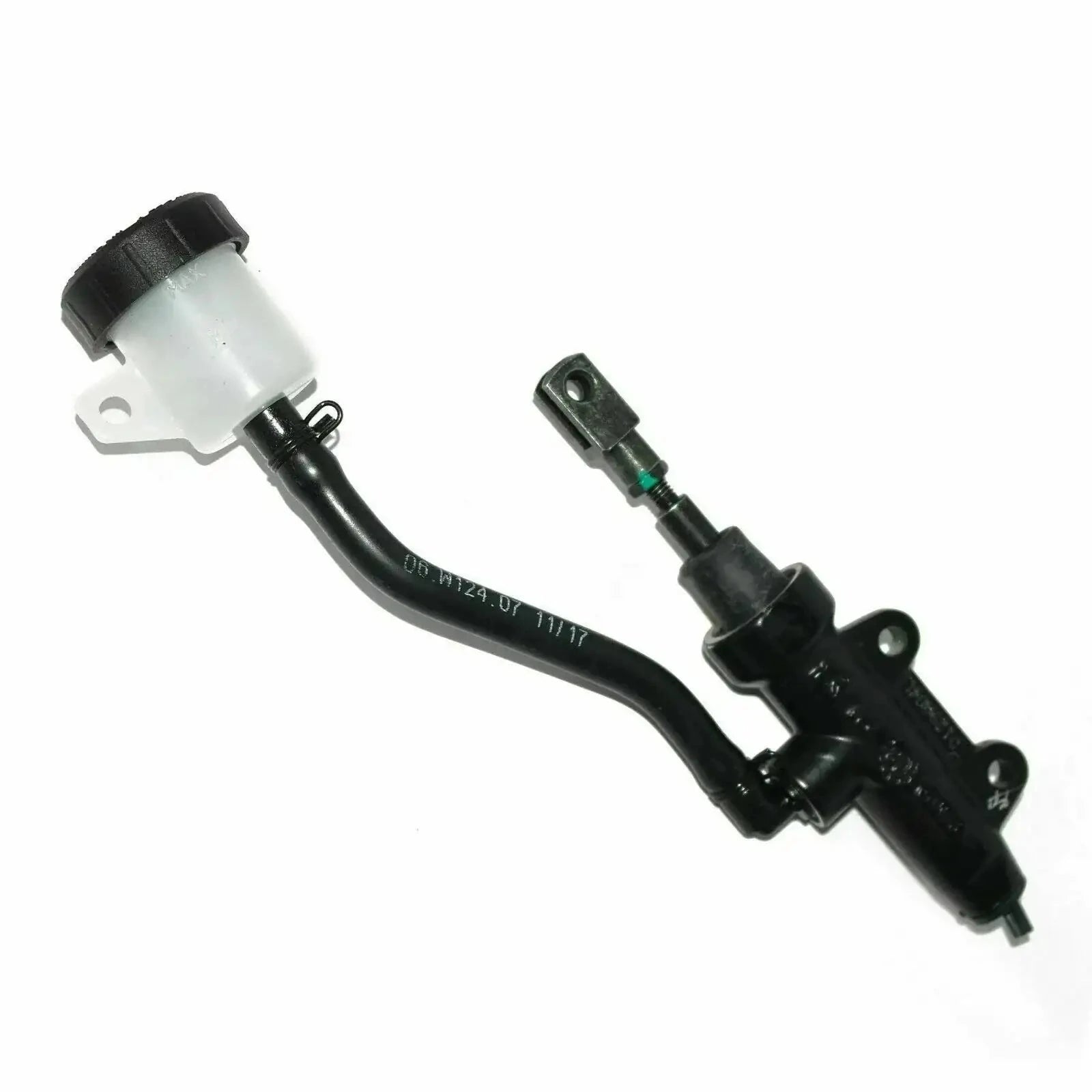 Rear master cylinder assembly with black hoses and mounting bracket