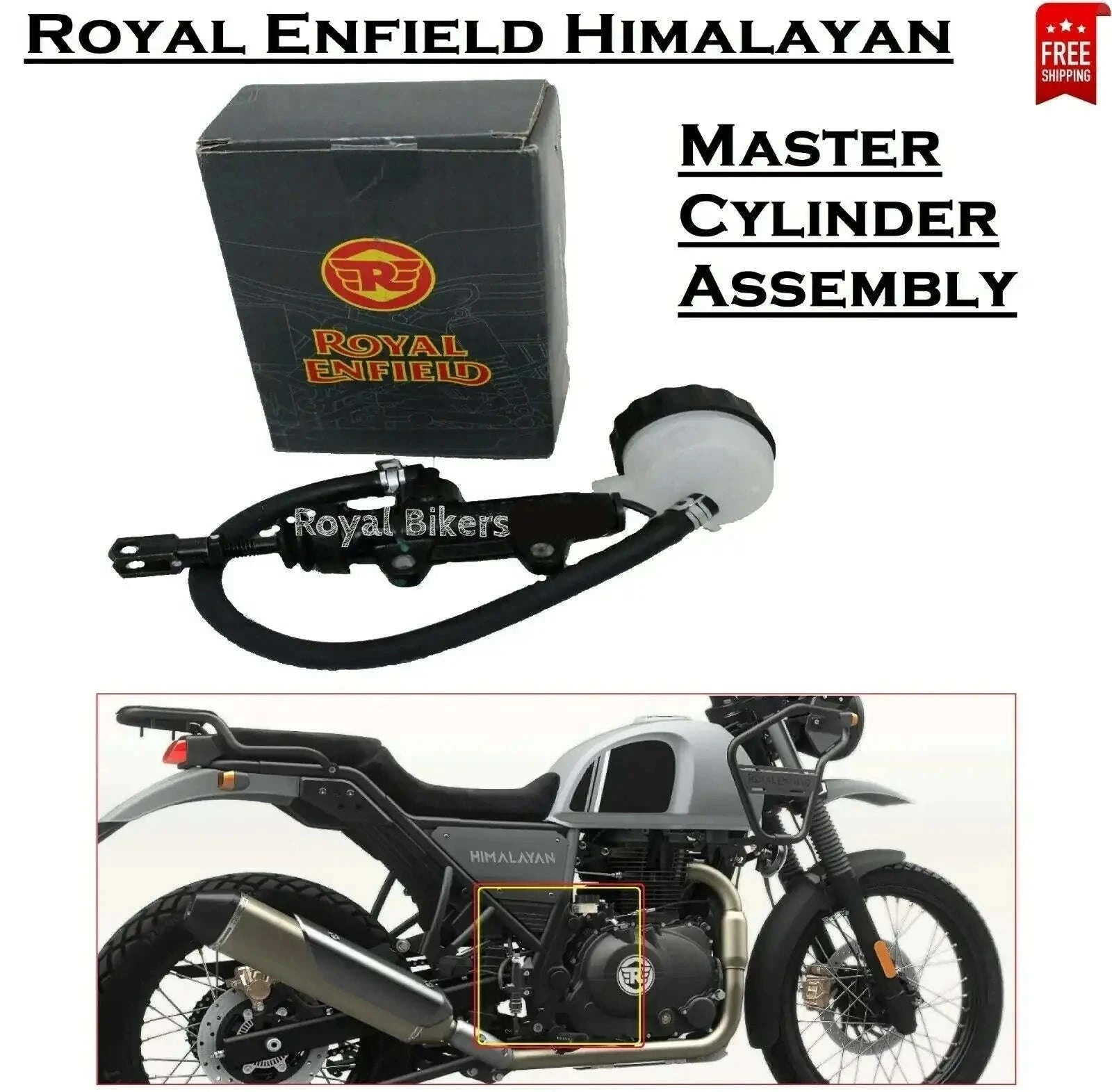 Motorcycle master cylinder assembly with reservoir, black hose and silver cylinder