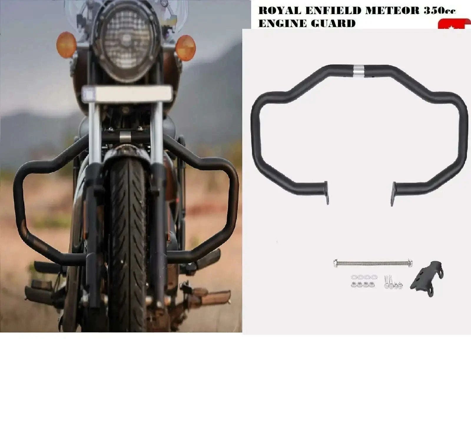 Black tubular motorcycle engine guard with mounting brackets and U-shaped protection bars