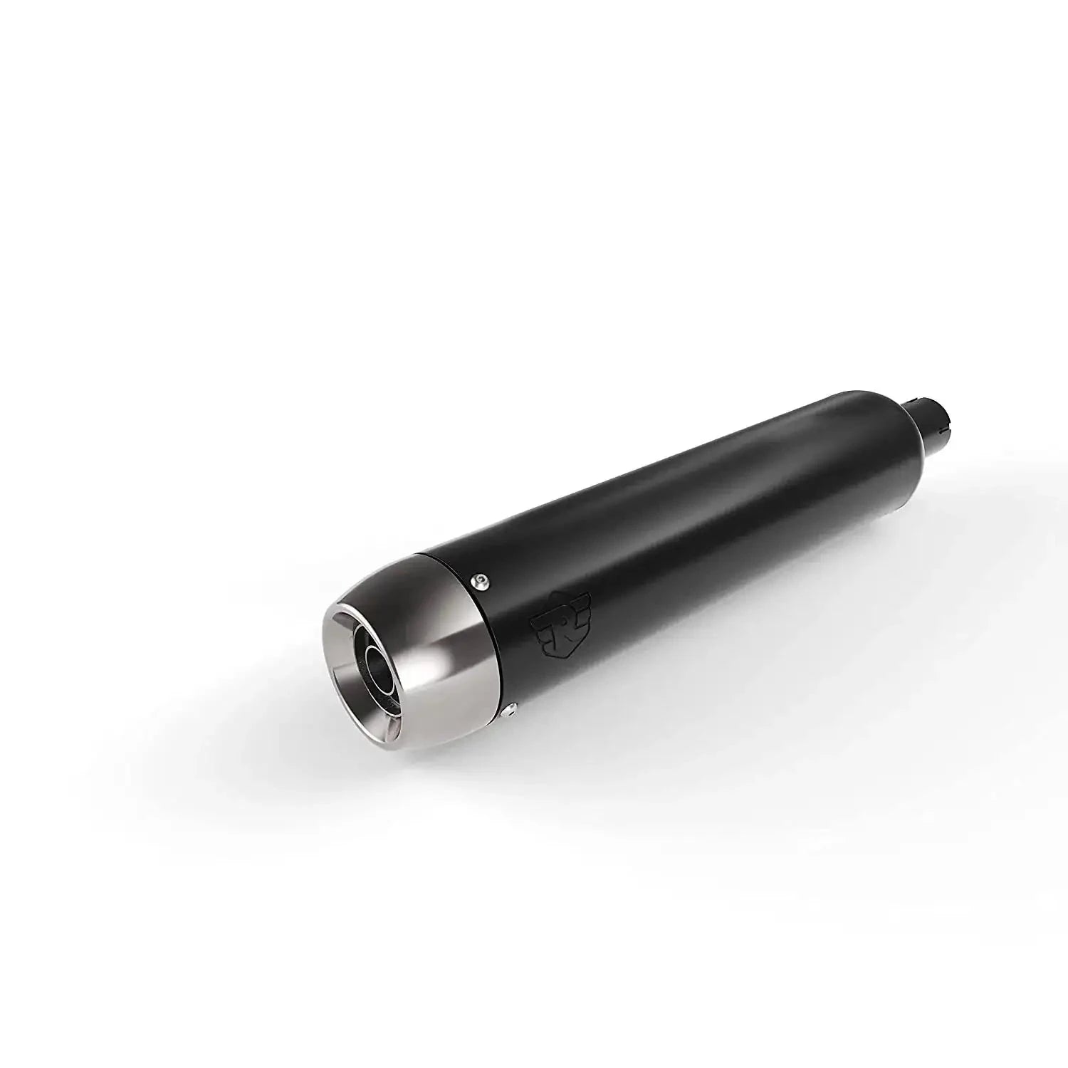 Tapered silencer exhaust muffler, black with silver end cap and round outlet