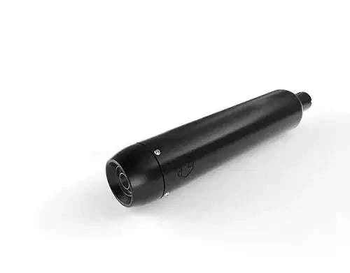 Black tapered motorcycle exhaust silencer with round end cap and mounting seam