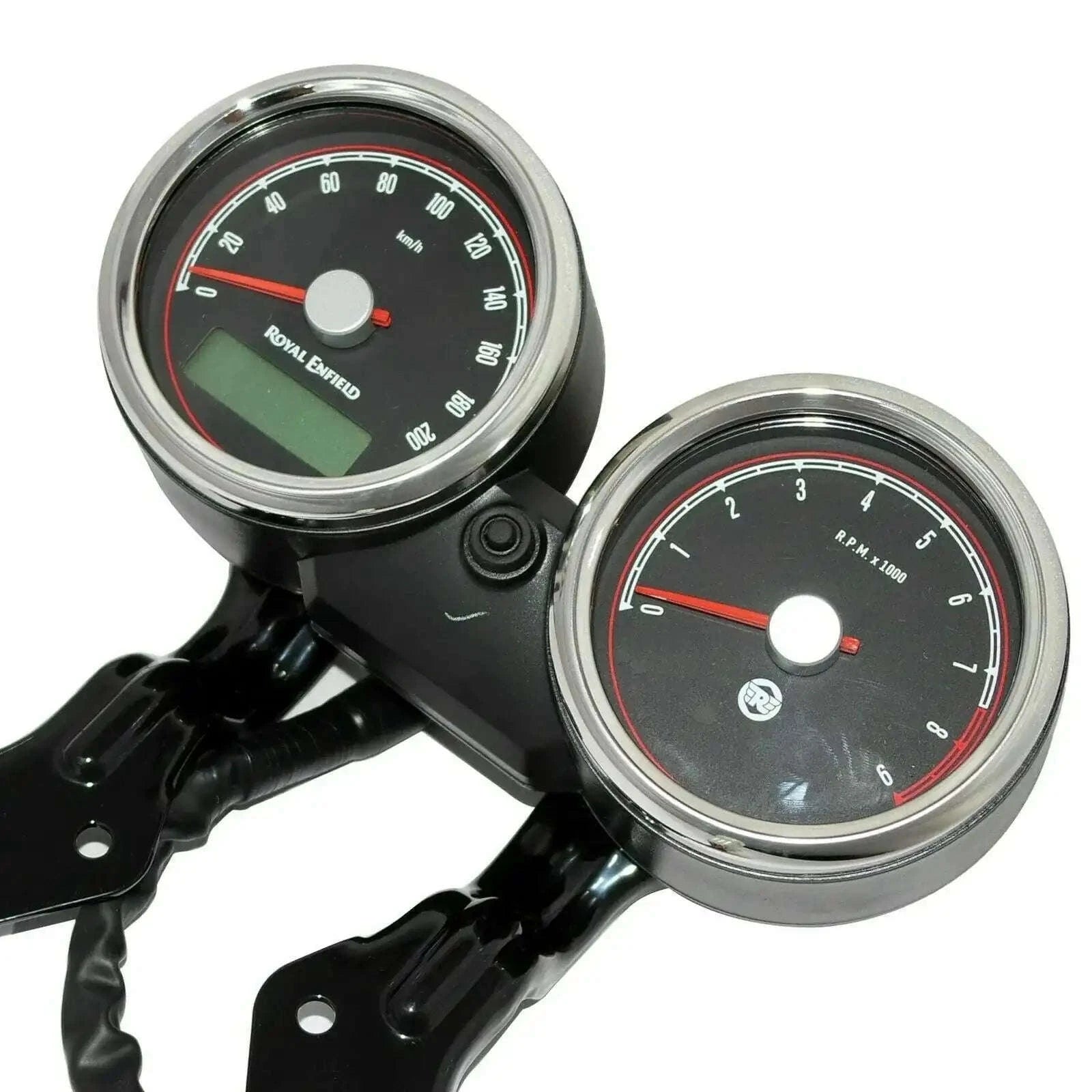 Dual motorcycle instrument cluster with black gauge faces and chrome bezels
