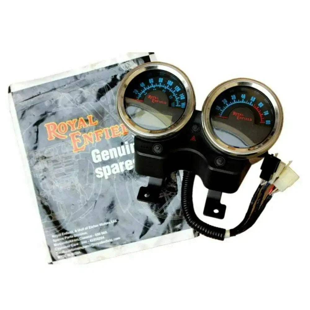 Digital speedometer cluster unit for Royal Enfield motorcycles, features dual gauges for accurate speed readings