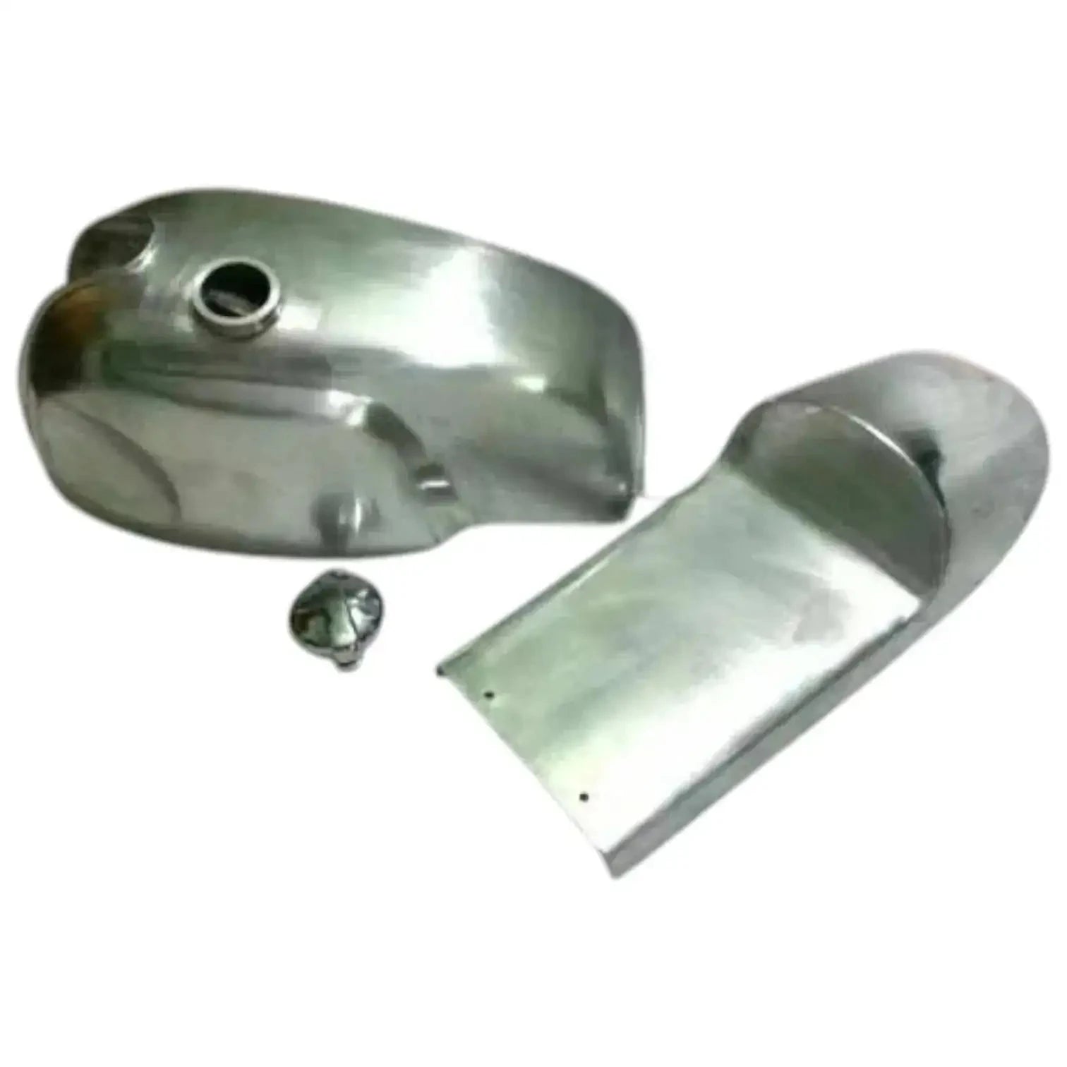 Alloy cafe racer fuel tank shell with round opening and matching seat pan, metal