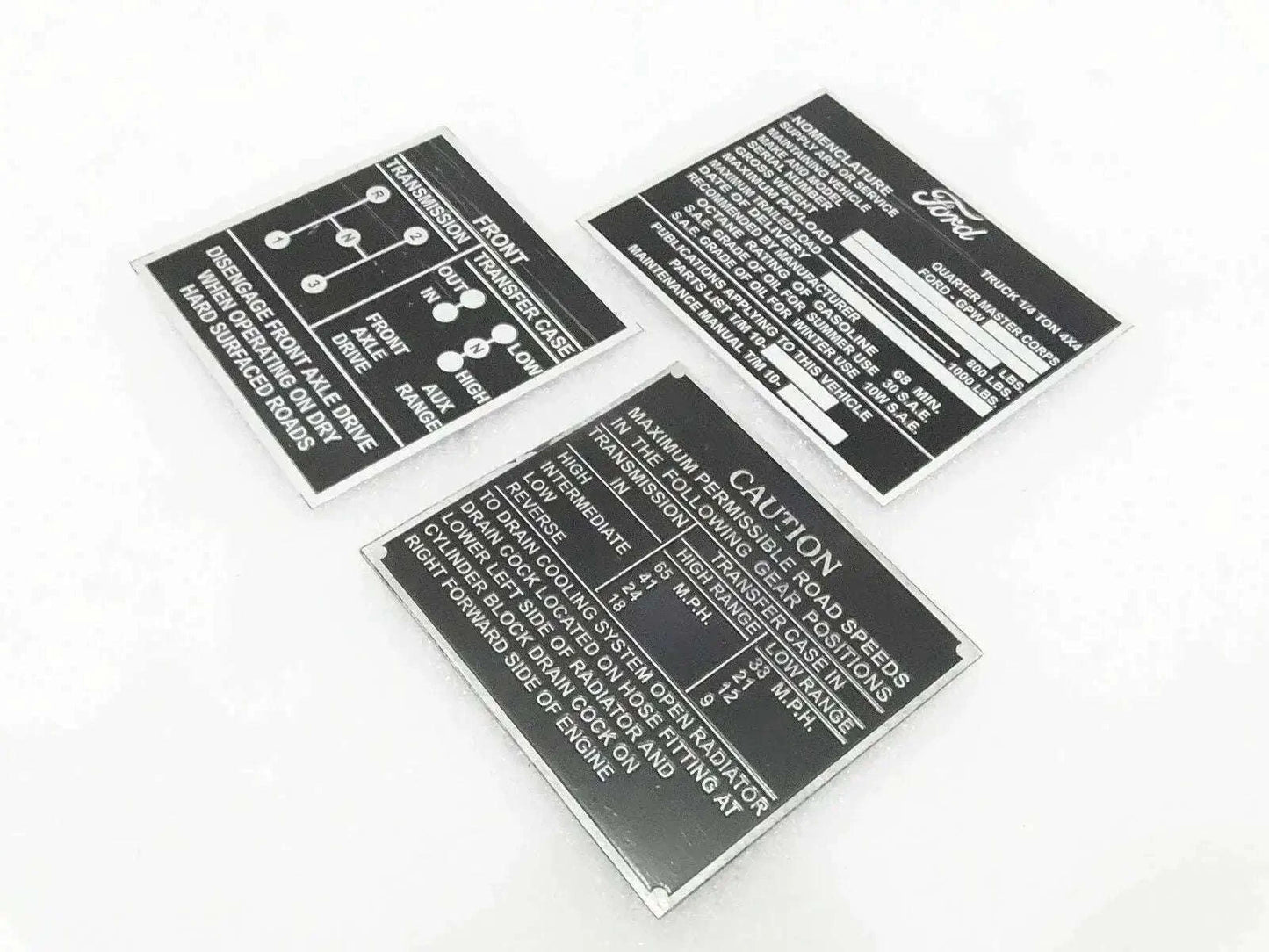 Jeep dash data plate set of three black metal plates with white warning text