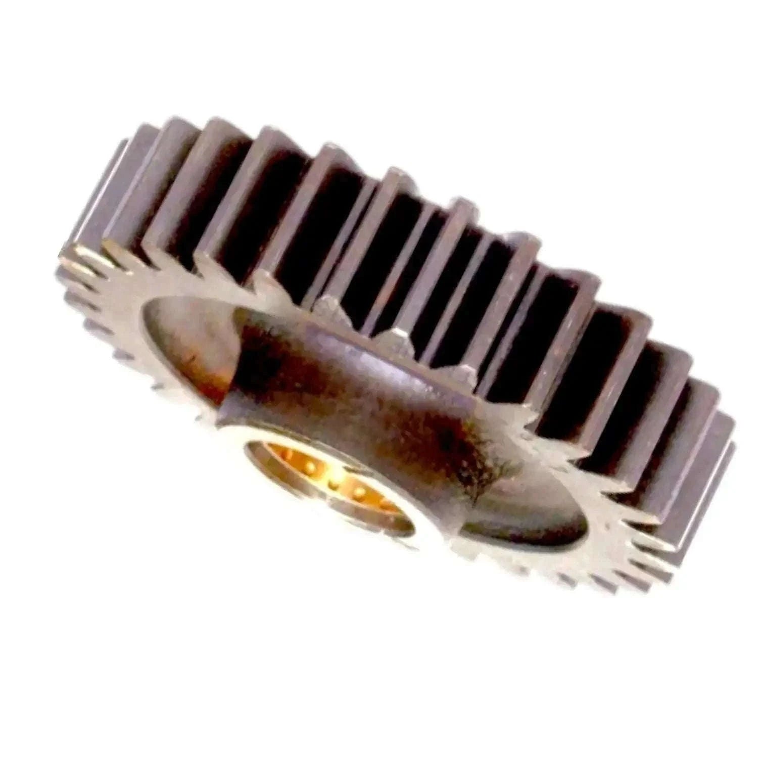 Reverse idler gear with bush, side view showing metal gear teeth and oval mounting slots