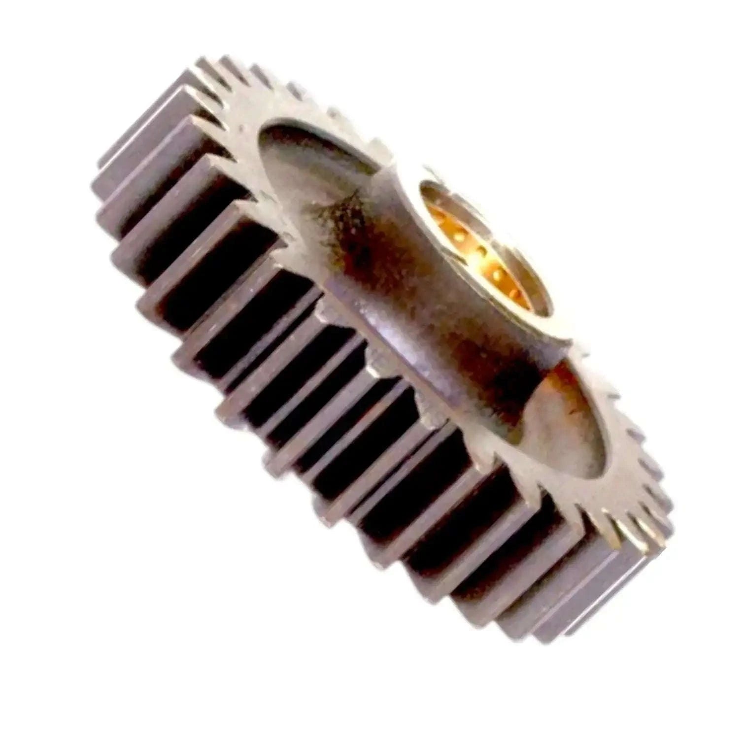 Reverse idler gear with bush, angled view of metal gear teeth and center opening