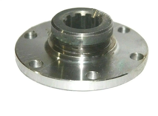 Front axle drive flange with central spline, four mounting holes, metal cog