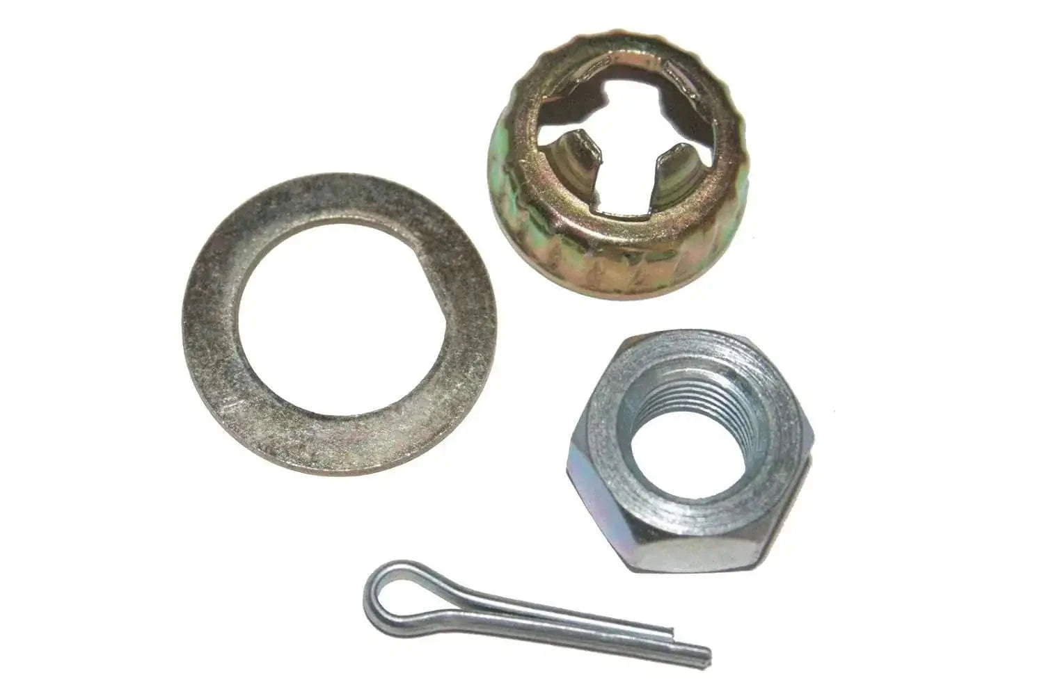 Front axle hardware kit with washer, locking cap, nut, and cotter pin