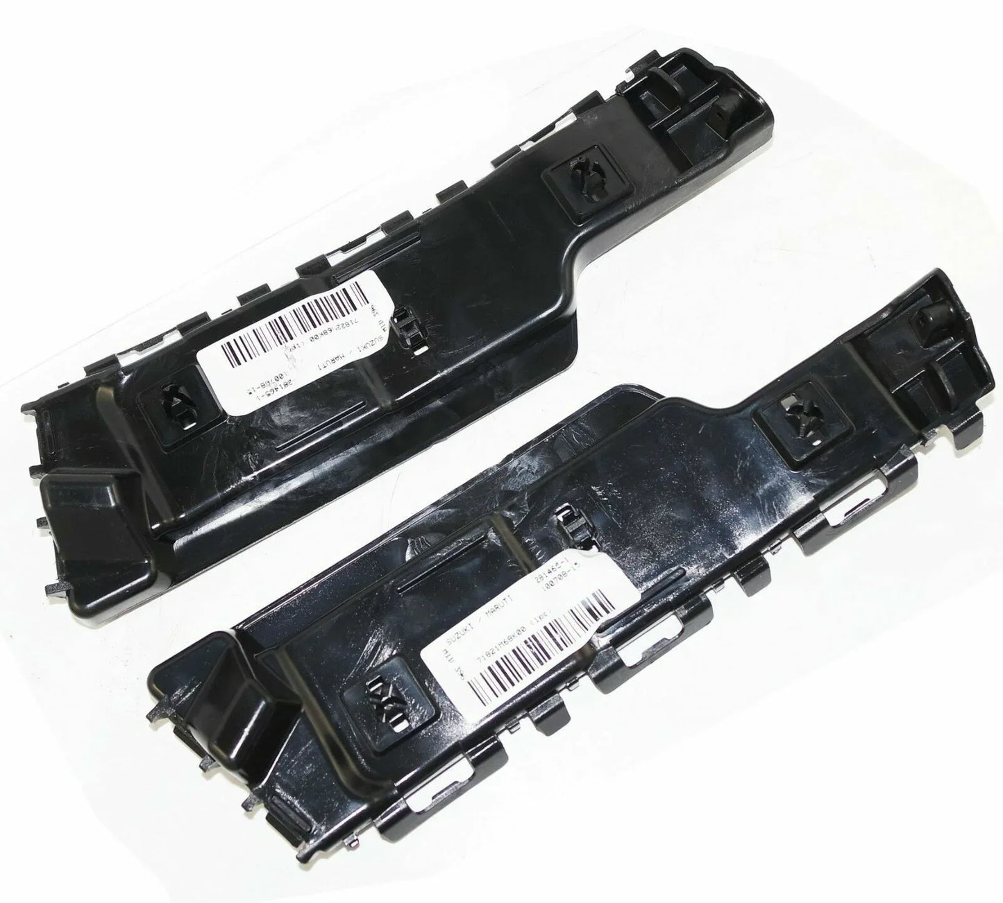 Rear bumper bracket, dark plastic, pair with mounting tabs and barcode labels