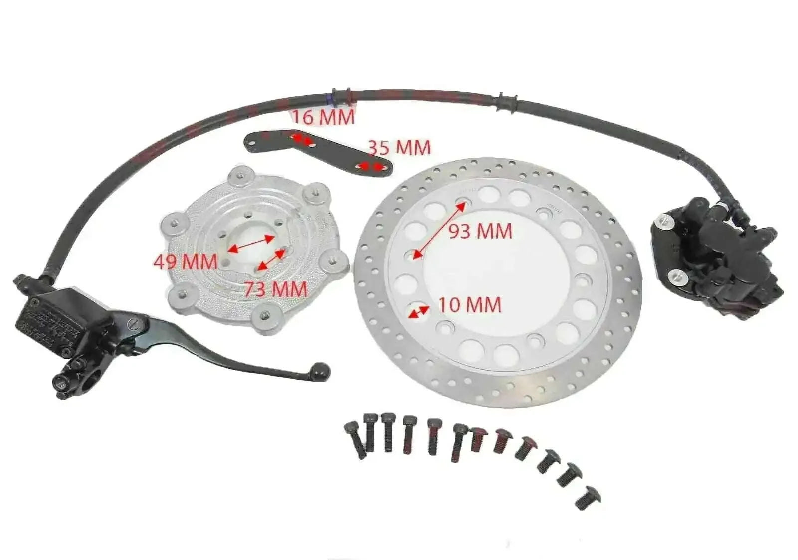 Front disc brake assembly kit with disc rotor, caliper, brake hose and mounting bolts