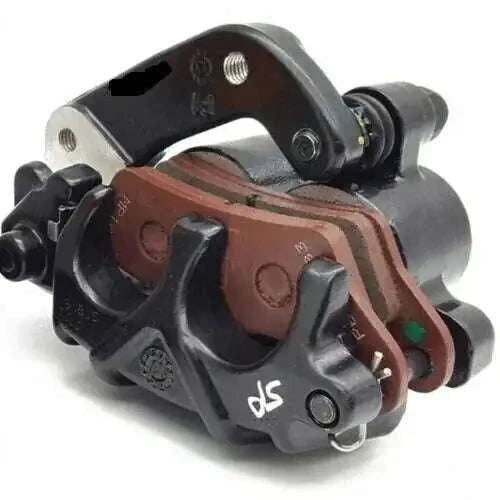Front disc brake caliper with brake pads, metallic black with mounting bolts