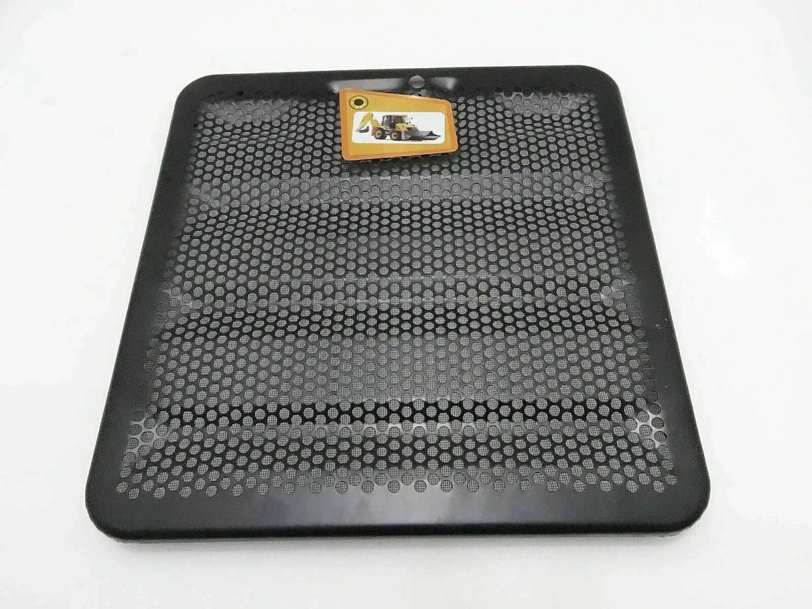 Front mesh grill panel with rectangular badge, dark gray/black