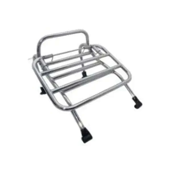 Chrome front scooter rack carrier with side rails and black mounting feet