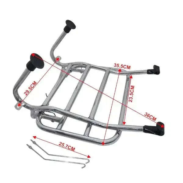 Chrome front scooter rack carrier with mounting bars, spring, and black rubber caps